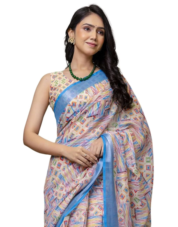 Sari para mujer de algodón y lino estampado floral de un minuto listo para usar con blusa Foto 1 de 1