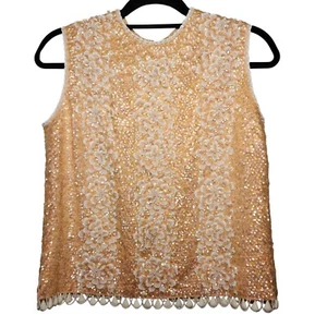 VINTAGE Crown Rose Originals Peach Sequined Beaded Top, Size 36 - Picture 1 of 7