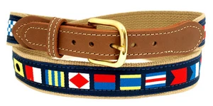 Nautical Code Flag Belt on Navy or Khaki webbing,Tan Leather Tips, Made in US - Picture 1 of 3