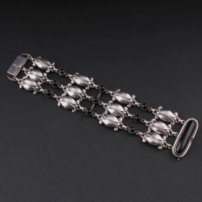 Pulsera de ley GEORG JENSEN con ágata negra # 11, plata, 3 filas. GJ mismo. Foto 1 de 4