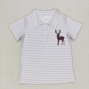 Little Boys Summer Top Grey Striped Hunting Deer Short Sleeve Polo Shirt - Picture 1 of 12