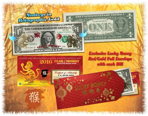 Lot of 25 Chinese Lunar New Year 24KT GOLD Lucky Money 2016 YEAR MONKEY $1 BILLS Cover