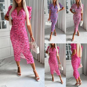 Women Boho Floral V Neck Maxi Dress Summer Holiday Beach Ruched Split Sundress - Picture 1 of 14