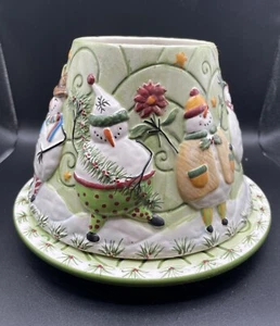 Yankee Candle Dancing Snowmen With Green Swirls Shade Topper And Plate - Picture 1 of 10