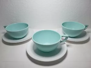 Vintage Sun-Valley Melmac Coffee Cups Saucers Mint Green Retro Melamine Set/3 - Picture 1 of 7