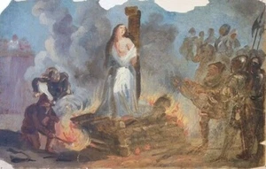 Antique Original 19th Painting Oil Joan of Arc at the Stack with the British - Picture 1 of 8