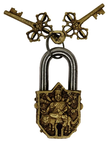 Goddess Durga Engraved Padlock Vintage Antique Style Handmade Brass Door Lock Cover