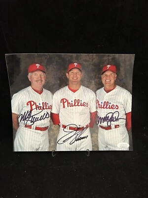 Jim Thome Mike Schmidt Ryne Sandberg auto signed Phillies 8x10 photo JSA HOF - Image 1 of 4