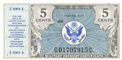 USA / MPC  5  Cents  1947  Series  472  Plate  # 46  Uncirculated Banknote M6 - Image 1 of 2