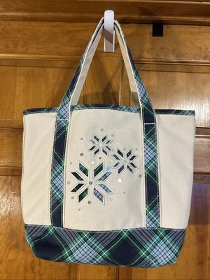 L.ands End Canvas Tote Bag with Snowflake Design Plaid Straps & Bottom.-NWOTS - Image 1 of 4