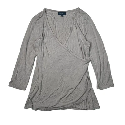 ModCloth V-Neck Ruched Suplice 3/4 Sleeve Top Shirt Gray Womens Medium - Image 1 of 4