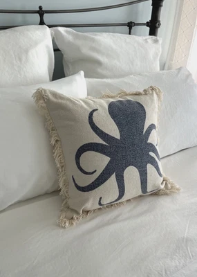 Octopus Beach Fringed Throw Pillow by LR Home Coastal Collection, 16” X 16”  NEW - Image 1 of 4