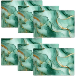 Teal Placemats Set of 6 Abstract Blue Teal Turquoise Gold Table Mats Washable... - Picture 1 of 9