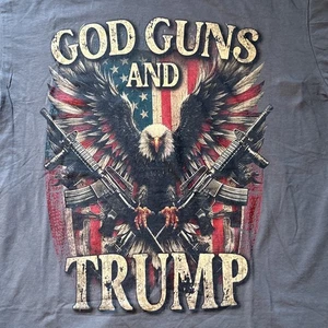God Guns And Trump Tee LG Gray 2nd Amendment Flag Eagle US Crewneck SS Gift - Picture 1 of 20