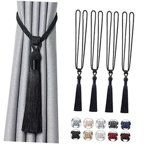 Long Tassel Curtain Tiebacks Handmade Braided Rope Knot Drape Tie 4 Pack Black - Picture 1 of 8