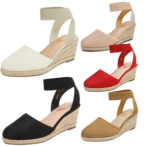 Women Espadrilles Platform Wedge Sandals Elastic Ankle Strap Close Toe Sandals - Picture 1 of 38