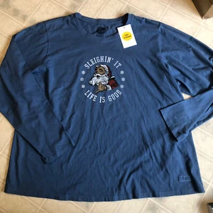 Neu mit Etikett Life is Good Sleighin' It Santa Damen-T-Shirt Weihnachten blau LS Crusher 3XL - Bild 1 von 3