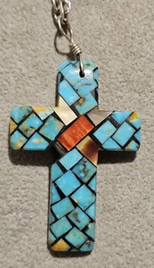 Santo Domingo Kreuz Anhänger Mosaik Einlage Halskette türkis Koralle über Schale - Bild 1 von 8