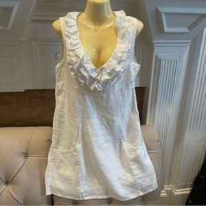 Samson Dress Women’s M White Linen Ruffled Neck dress Pockets - Picture 1 of 11
