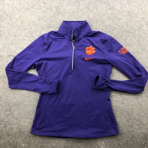 Clemson Tigers Pullover Womens Medium Purple Spell Out 1/4 Zip Nike Dri Fit Cover