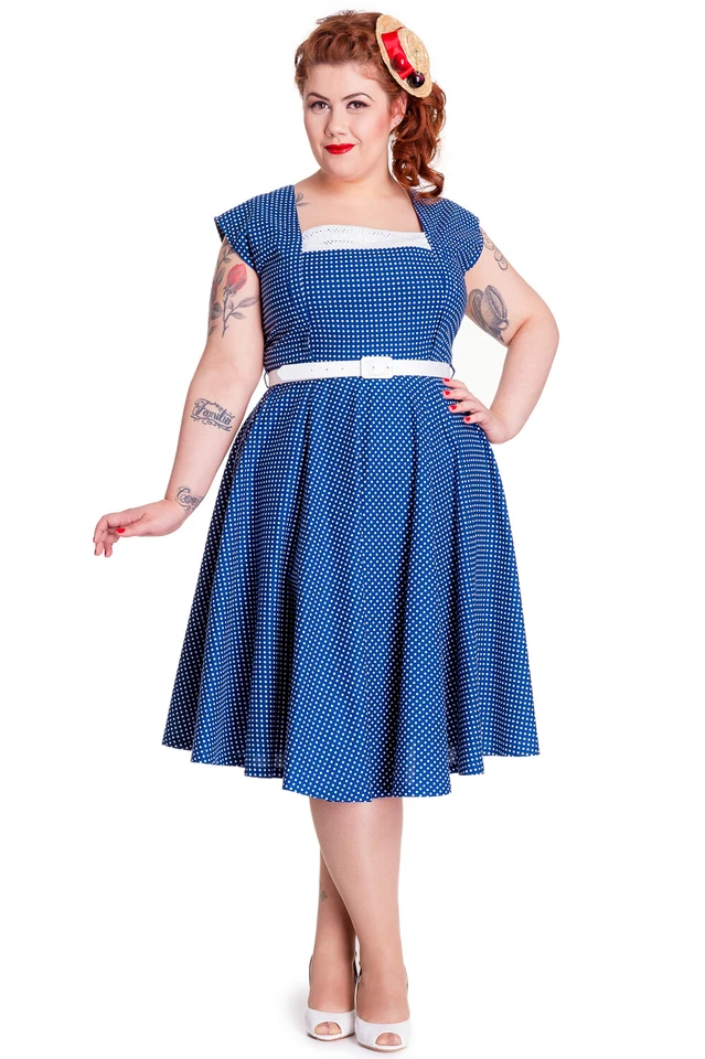 Hell Bunny Retro Vintage Style Polka Dot Square Neck Fit and Flare Party Dress - Image 1 of 4