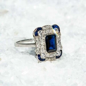 Anillo de boda circonita cúbica corte esmeralda azul, anillo de regalo de aniversario de compromiso, conjunto de bisel - Imagen 1 de 6
