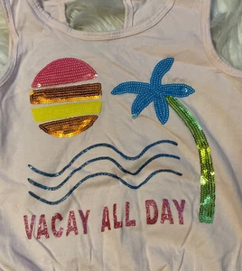Girls Pink Vacay All Day T-Shirt Pink M 10/12 Sleeveless Summer Time Palm Tree - Picture 1 of 3