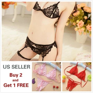 Sexy Women Lace Thong & Bra SET G-string Panties Lingerie Underwear T-back - Picture 1 of 11