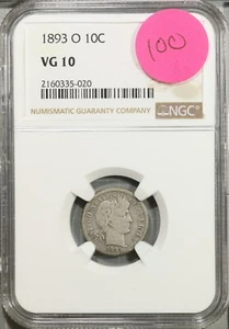 1893 O Barber Dime 10c NGC VG 10 Very Good #5-020 - Picture 1 of 2