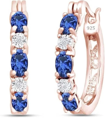 Pendientes tipo argolla de plata de ley con zafiro azul simulado y diamantes naturales de corte ovalado Foto 1 de 4