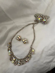 Antique Round Iridescent Rhinestone Encrusted Necklace & 2-Sets of Earrings - Picture 1 of 12