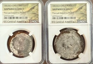 SS CENTRAL AMERICA CHILEAN 1853 SO SET/2 50 CENTAVOS AND PESO SHIPWRECK COINS - Picture 1 of 11