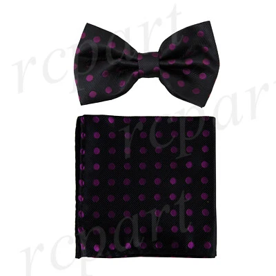 New formal Men's Pre-tied Bow Tie & Hankie Set Black Dark Purple polka Dots  - Image 1 of 4