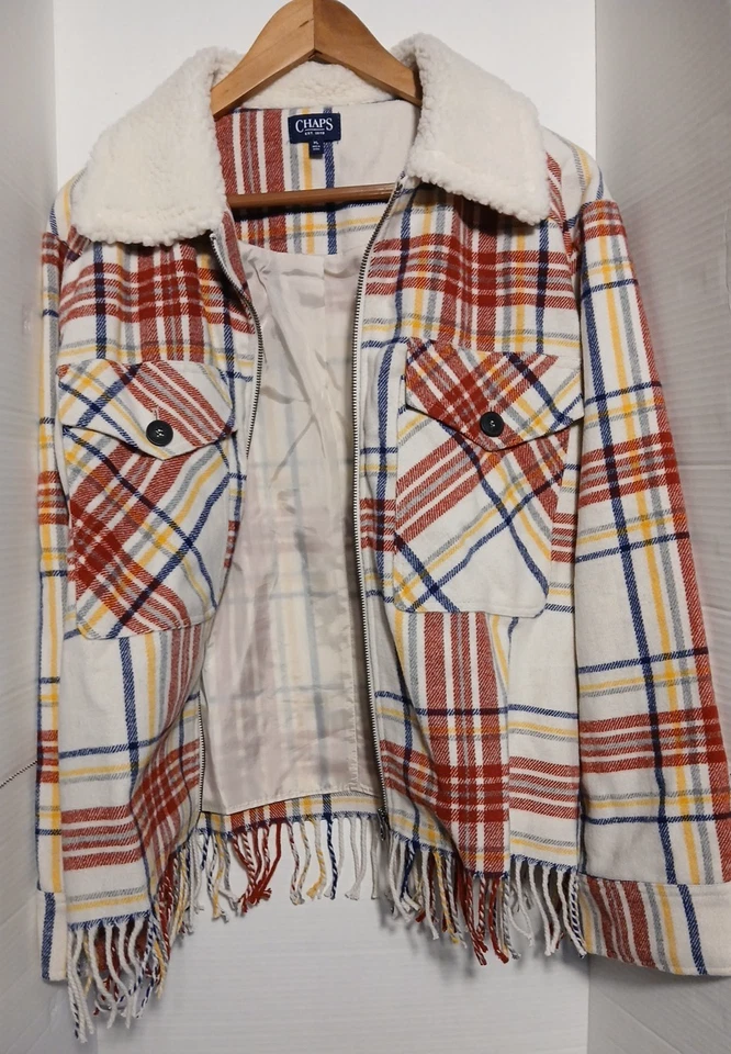 Chaqueta a Cuadros Chaps Roja Blanca Detalle de Flecos Talla 48 XLarge Cottage Vaquera Foto 1 de 4