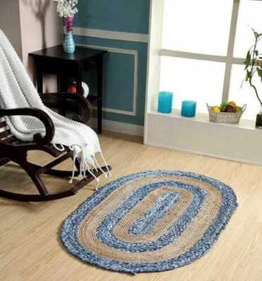 Oval Rug 100% Natural Jute Denim Area Carpet Rustic Look Living Floor Mat Rug - Image 1 of 4