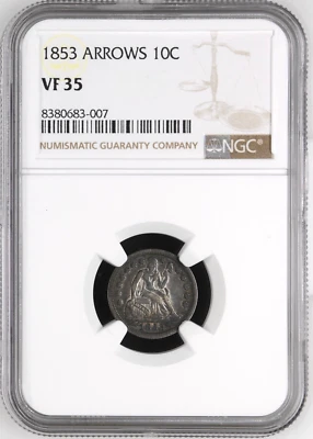 1853 SEATED LIBERTY DIME, ARROWS AT DATE NGC VF35 683007 - Image 1 of 4