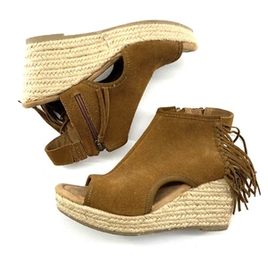 Minnetonka Womens Sz 8 Blaire Suede Fringe Wedge Sandals Brown Zip Peep Toe 3" - Picture 1 of 13