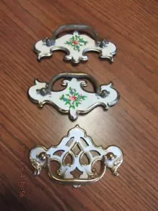 3 Vintage Bat wing style Drawer Pulls- Metal-2 Floral and 1 White w/Golden Trim - Picture 1 of 12