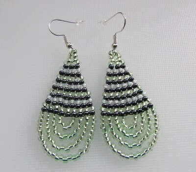 Seed Bead Earrings Fringe Earrings Handmade Loopy Fringe Festive Shiny Green - Image 1 of 4