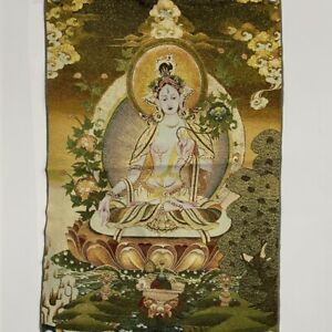 35" Décor Tibet tissu de soie broderie bouddhisme blanc tara tangka tapisserie murale