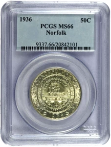 Medio dólar conmemorativo de plata clásica Norfolk 1936 graduación profesional MS66 $450 guía de precios - Imagen 1 de 2