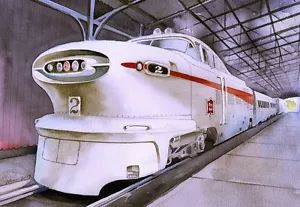 Tarjetas de notas de arte GM EMD Aerotrain década de 1950 tren aerodinámico museo nacional del ferrocarril - Imagen 1 de 2
