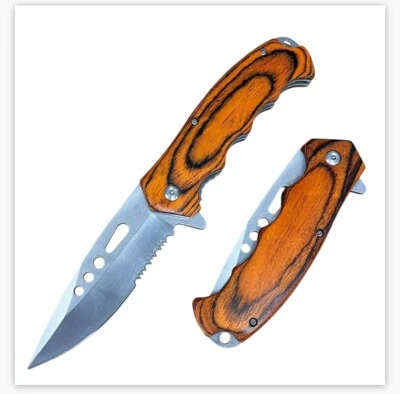 8" Brown WOOD HANDLE Tactical SPRING ASSISTED FOLDING POCKET KNIFE Blade Assist - Image 1 of 4