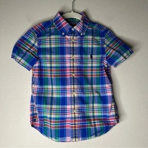 Ralph Lauren Plaid Cotton Poplin Short Sleeve Kids Shirt Blue Green Red 4/4T - Picture 1 of 7