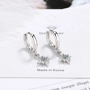 Crystal Star Dangle Hoop Huggie 925 Sterling Silver Earrings Womens Jewelry Gift - Picture 1 of 8