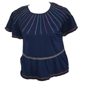 Anthropologie Maeve Top navy blue cotton short sleeve embroidery Women's XXSP - Picture 1 of 7