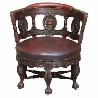 ANTIQUE CARVED VICTORIAN OXBLOOD LEATHER BURGERMEISTER CHAIR 17TH CENTURY DESIGN - Image 1 of 4