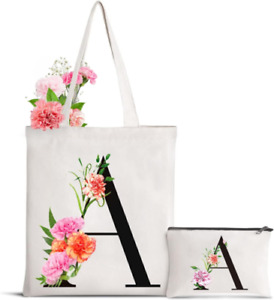 Letter Initial Canvas Tote Bag Personalized Present Gift for Flower-a