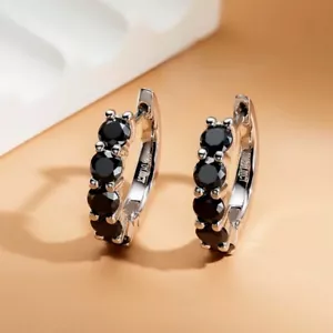 3.5mm D Color Black Moissanite Hoop Earring Women S925 Silver Platinum Plated - Picture 1 of 12