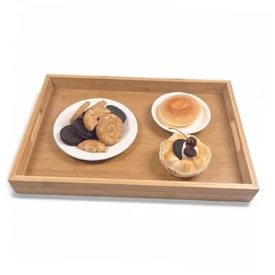 Large Bamboo Wooden Tray with Handles, Rectangular Natural Solid Wood Dinner  - Image 1 of 4